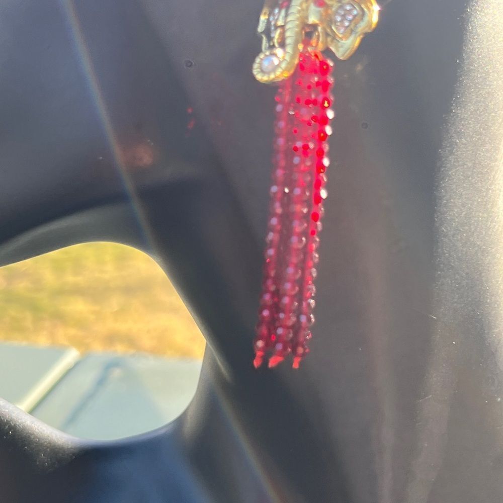 Gold Elephant Head Earrings with Red Bead Tassels - Picture 8 of 15